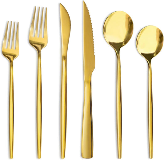 🍴 48-Piece Gold Silverware – Stainless Steel, Steak Knives, Service for 8